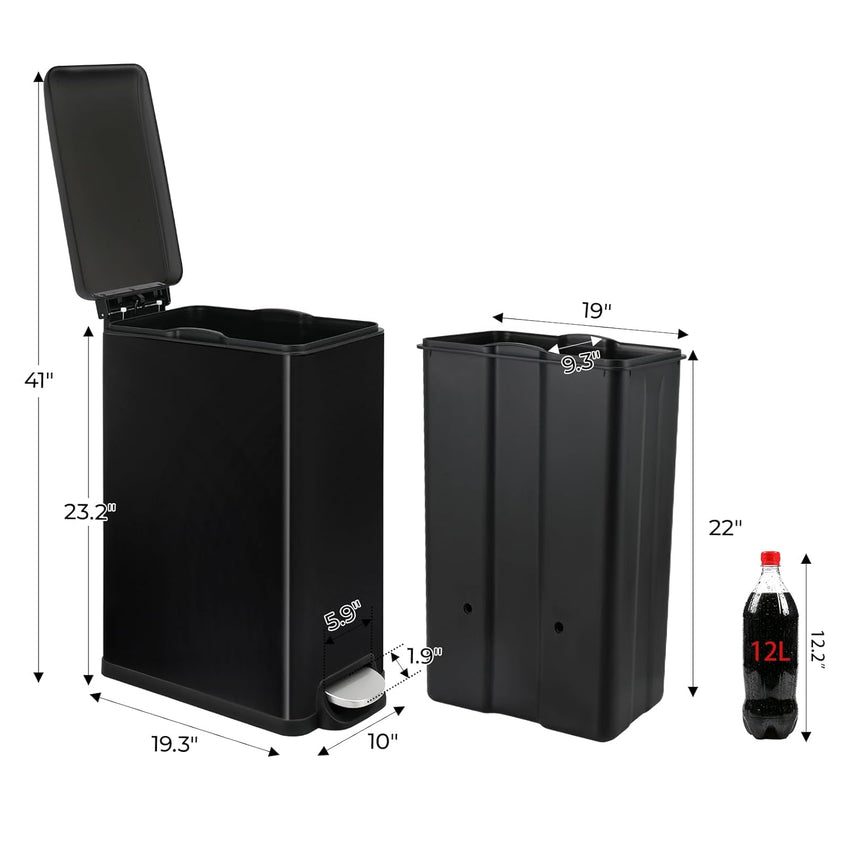 Arlopu 13.2 Gal Slim Kitchen Trash Can with Lid, 50L Stainless Steel Garbage Can, Large Kitchen Rubbish Can, Step Trash Bin w/Foot Pedal and Inner Bucket, Bathroom Trash Can Airtight (Black)