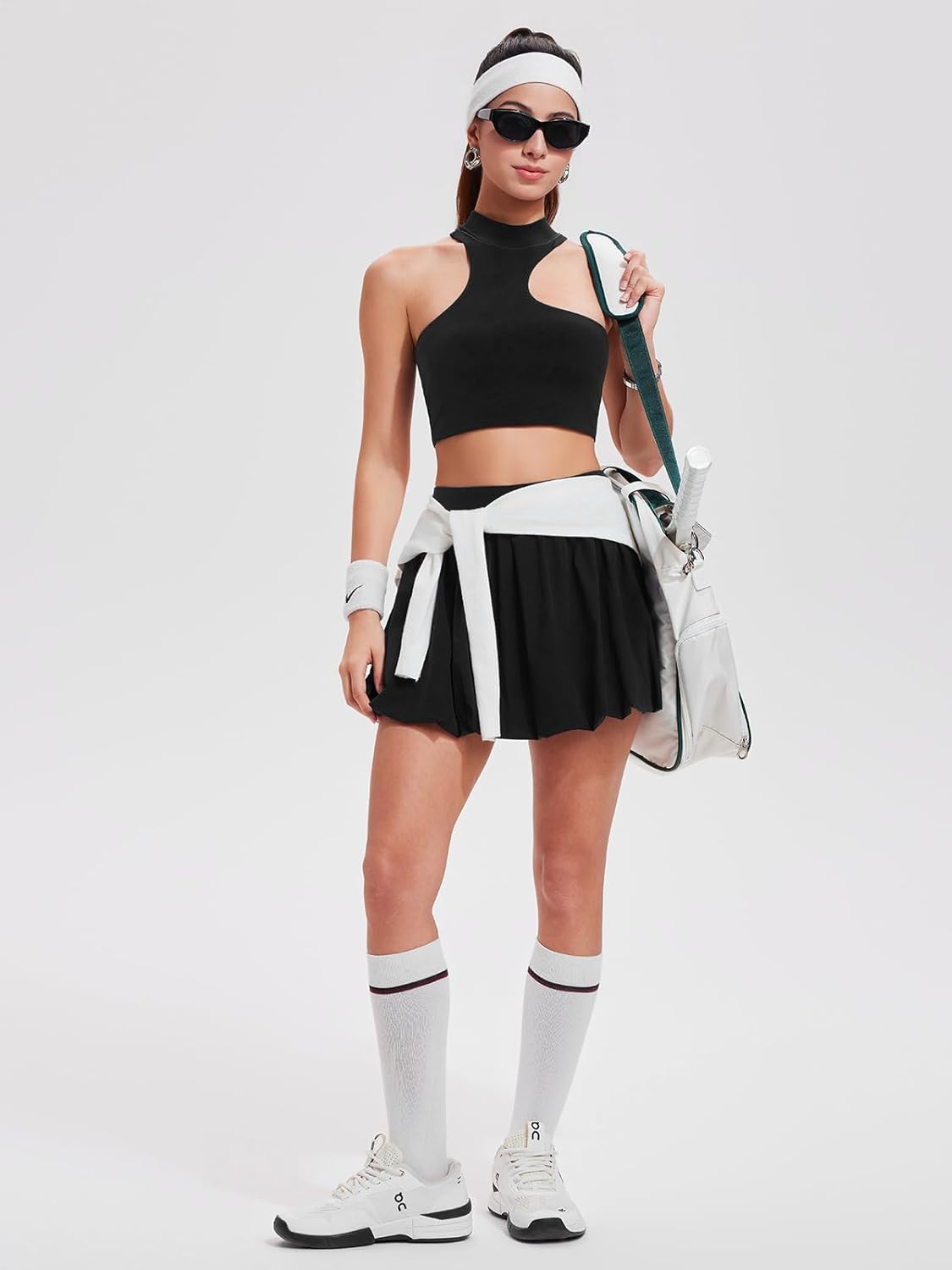 Airfree 2 Piece Sets for Women Tennis Skirt Set Mock Neck Sports Bra Irregular Crop Tank Bubble Skirt Outfits Set