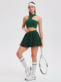 Airfree 2 Piece Sets for Women Tennis Skirt Set Mock Neck Sports Bra Irregular Crop Tank Bubble Skirt Outfits Set