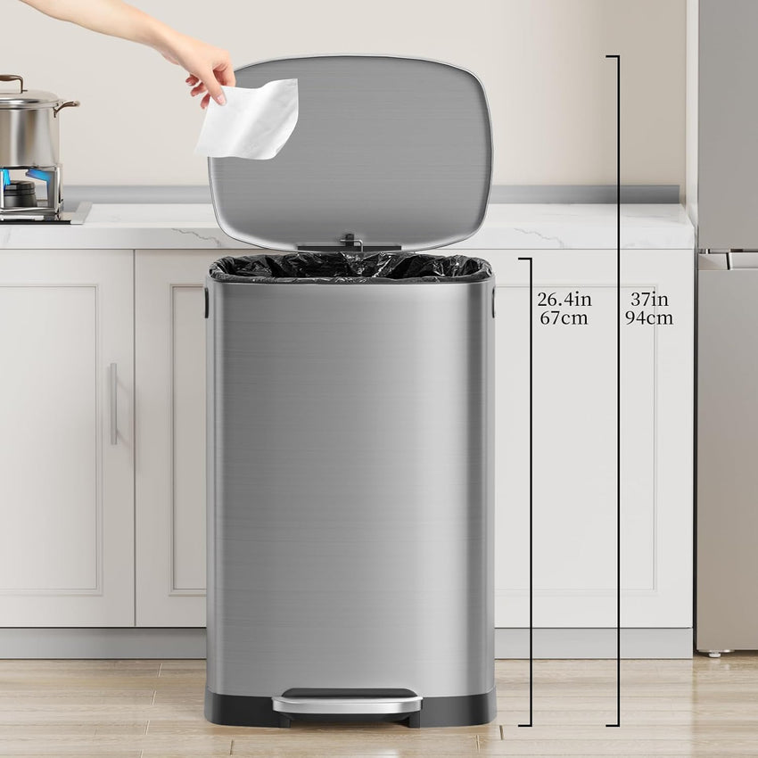 13 Gallon Trash Can with Lid, 50L Fingerprint Proof Stainless Steel Kitchen Trash Can with Removable Inner Bucket and Lid Soft Close, Pedal Rubbish Bin for Home Office(Silver)
