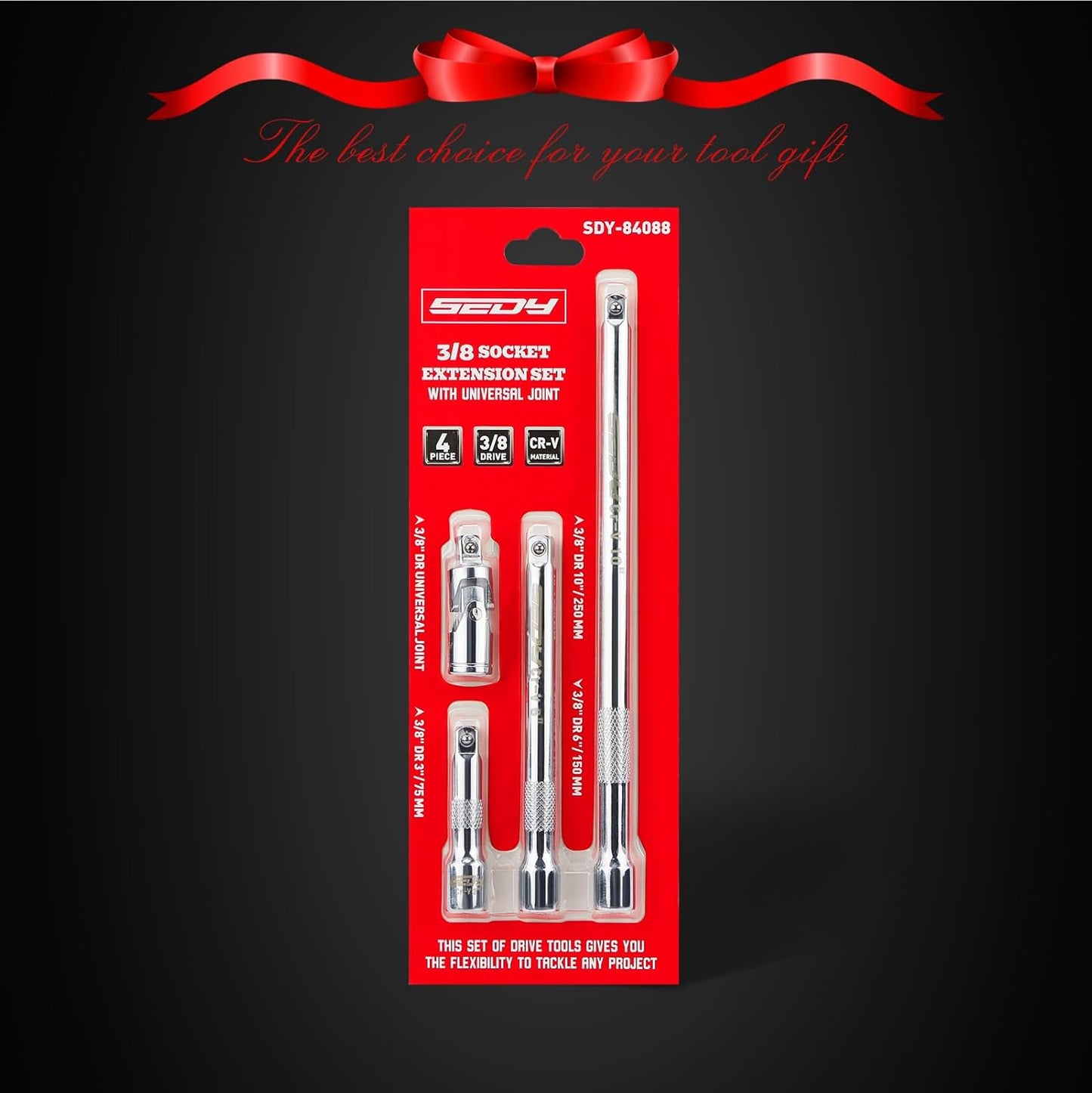 4-Piece 3/8" Drive Socket Extension Bar Set, Professional Socket Extension Set Include 3, 6, and 10 Inch Extensions and 3/8 Inch drive Universal Joint Sockets, Premium Cr-V Steel Construction