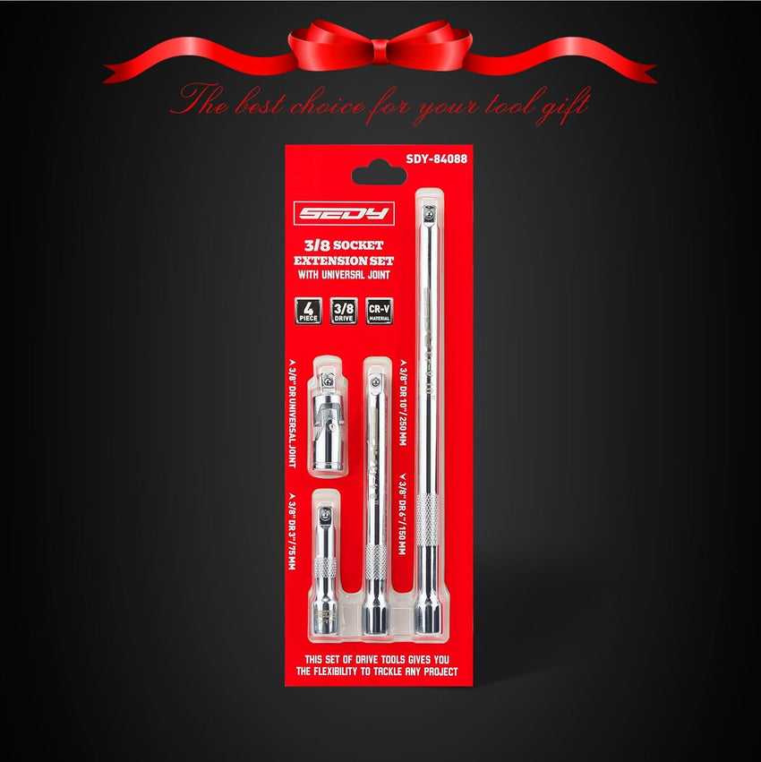4-Piece 3/8" Drive Socket Extension Bar Set, Professional Socket Extension Set Include 3, 6, and 10 Inch Extensions and 3/8 Inch drive Universal Joint Sockets, Premium Cr-V Steel Construction