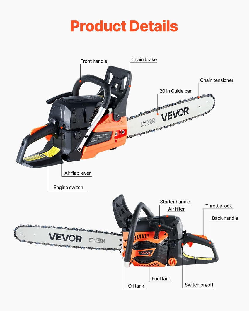 VEVOR 20inch 62CC Gas Powered Chainsaw, 3.8 HP 2 Stroke Engine Gas Power Chainsaws with Non-Slip Handle, Gas Chainsaws with Dual Fuel Tanks, For Wood Cutting, Tree Trimming, and Land Clearing
