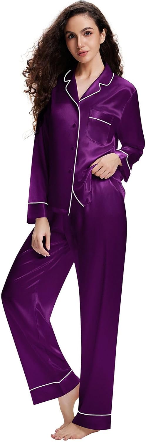 Lonxu Silk Satin Womens Pajama Sets Button Down Sleepwear Loungewear XS~3XL