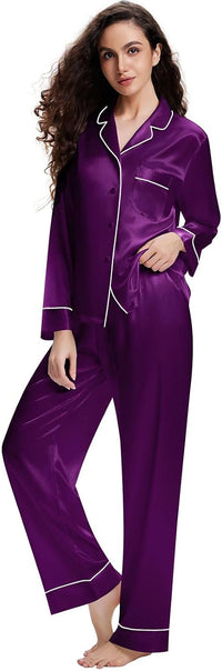Lonxu Silk Satin Womens Pajama Sets Button Down Sleepwear Loungewear XS~3XL