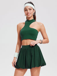 Airfree 2 Piece Sets for Women Tennis Skirt Set Mock Neck Sports Bra Irregular Crop Tank Bubble Skirt Outfits Set
