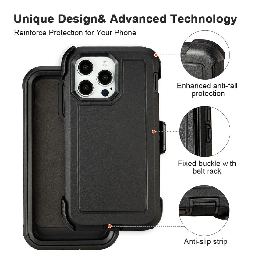 for Black iPhone 15 Case with Belt Clip, Shockproof Heavy Duty Rugged, 3 Layers of Sturdy,Anti-Drop, Military-Grade Defender Cover for iPhone 15 Case Black