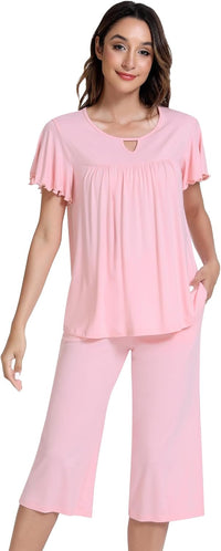 NACHILA Women’s Pajamas-Viscose Made from Bamboo, Short Sleeve Pjs Top with Capri Pajama Sets for Women Cool V Neck Sleepwear