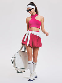 Airfree 2 Piece Sets for Women Tennis Skirt Set Mock Neck Sports Bra Irregular Crop Tank Bubble Skirt Outfits Set