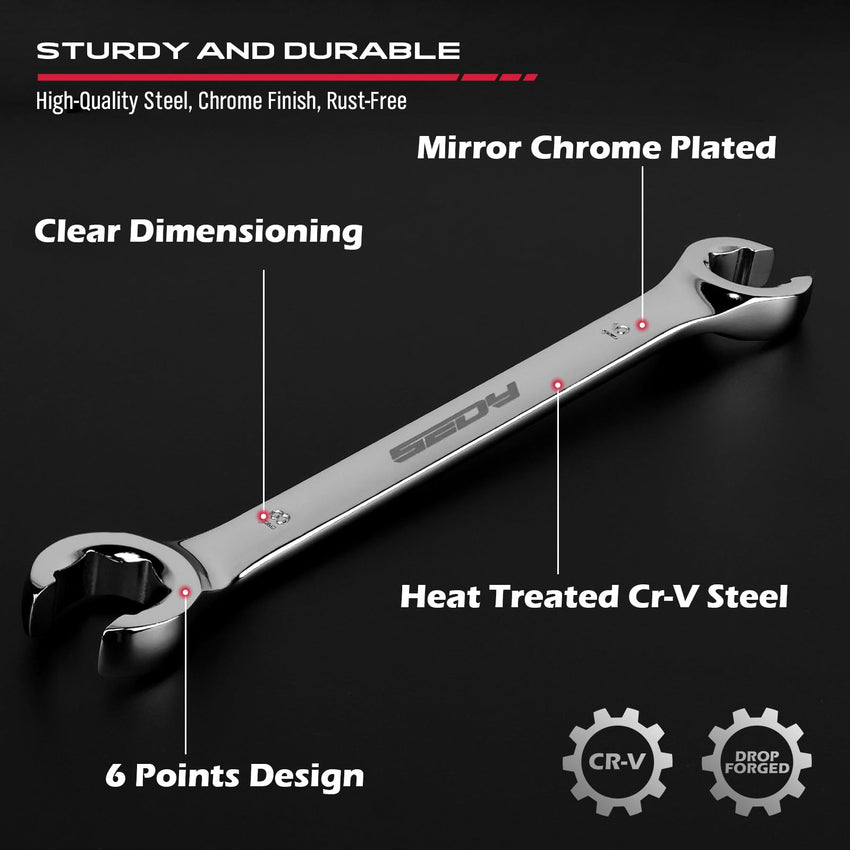 4-Piece Flare Nut Wrench Set - SAE Brake Line Wrench 1/4, 5/16, 3/8, 7/16, 1/2, 9/16, 5/8, 11/16-inch, Professional Offset Heads, Portable Organizer Pouch Included