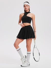 Airfree 2 Piece Sets for Women Tennis Skirt Set Mock Neck Sports Bra Irregular Crop Tank Bubble Skirt Outfits Set