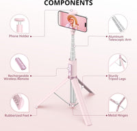 ATUMTEK 55" Selfie Stick Tripod, All-in-one Extendable Aluminum Phone Tripod with Rechargeable Bluetooth Remote for iPhone and More, Fitting 4.7-7 inch Smartphones, Pink