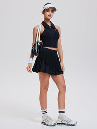 Airfree Tennis Skirt Sets for Women Outfits Lapel Collar Sleeveless Vests Patchwork Pleated Skirt Sets