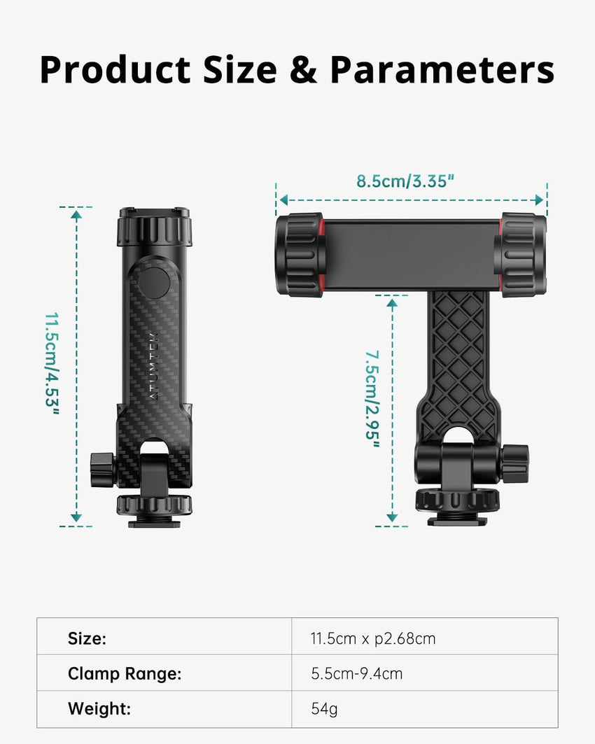 ATUMTEK Phone Tripod Mount, Universal Smartphone Mount Adapter with 2 Cold Shoe and 1/4" Standard Screw, 360° Rotates and 180° Tilts Adjustable Cell Phone Clamp Holder for Perfect Mobile Photography