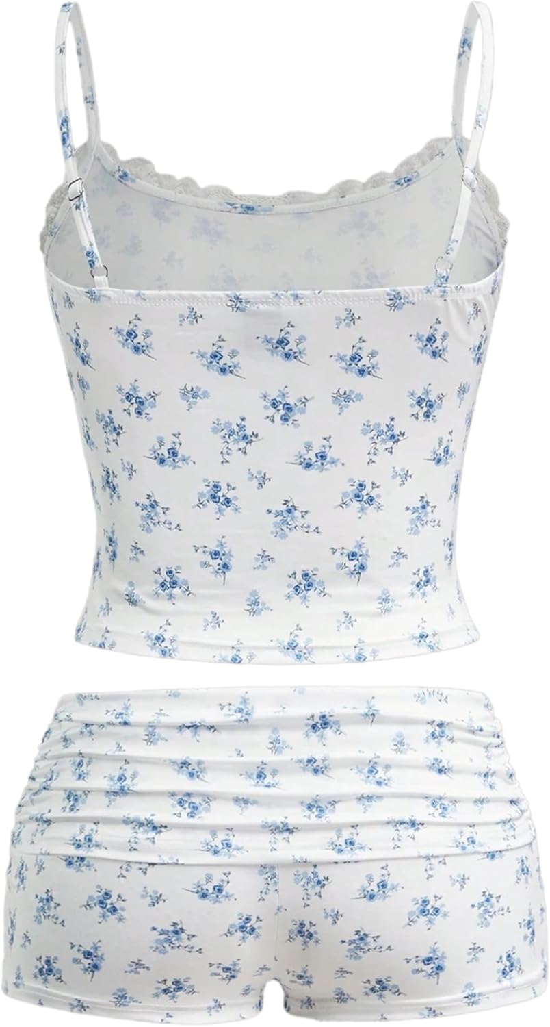 Hilinker Womens Sexy Pajama Set Ruched Lace Trim Cami and Shorts Summer Cute Pjs 2 Piece