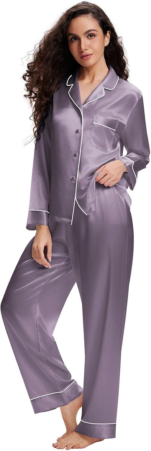 Lonxu Silk Satin Womens Pajama Sets Button Down Sleepwear Loungewear XS~3XL