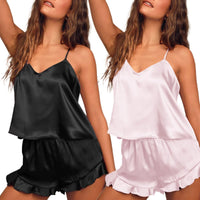 Ekouaer Satin Pajama Set for Women Silk Pjs for Women Set Camisole Top and Shorts with Ruffle Sleepwear