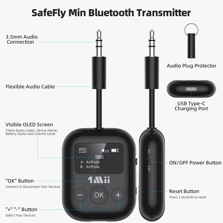 1Mii Bluetooth Transmitter for Airplane, Bluetooth 5.3 Adapter for TV,Airplane Travel Essentials, Aptx Low Latency Wireless Audio Aux for Headphones, Any 3.5mm Jack,Linking 2 Devices (White)