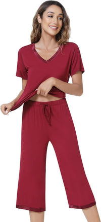 NACHILA Women’s Pajamas-Viscose Made from Bamboo, Short Sleeve Pjs Top with Capri Pajama Sets for Women Cool V Neck Sleepwear