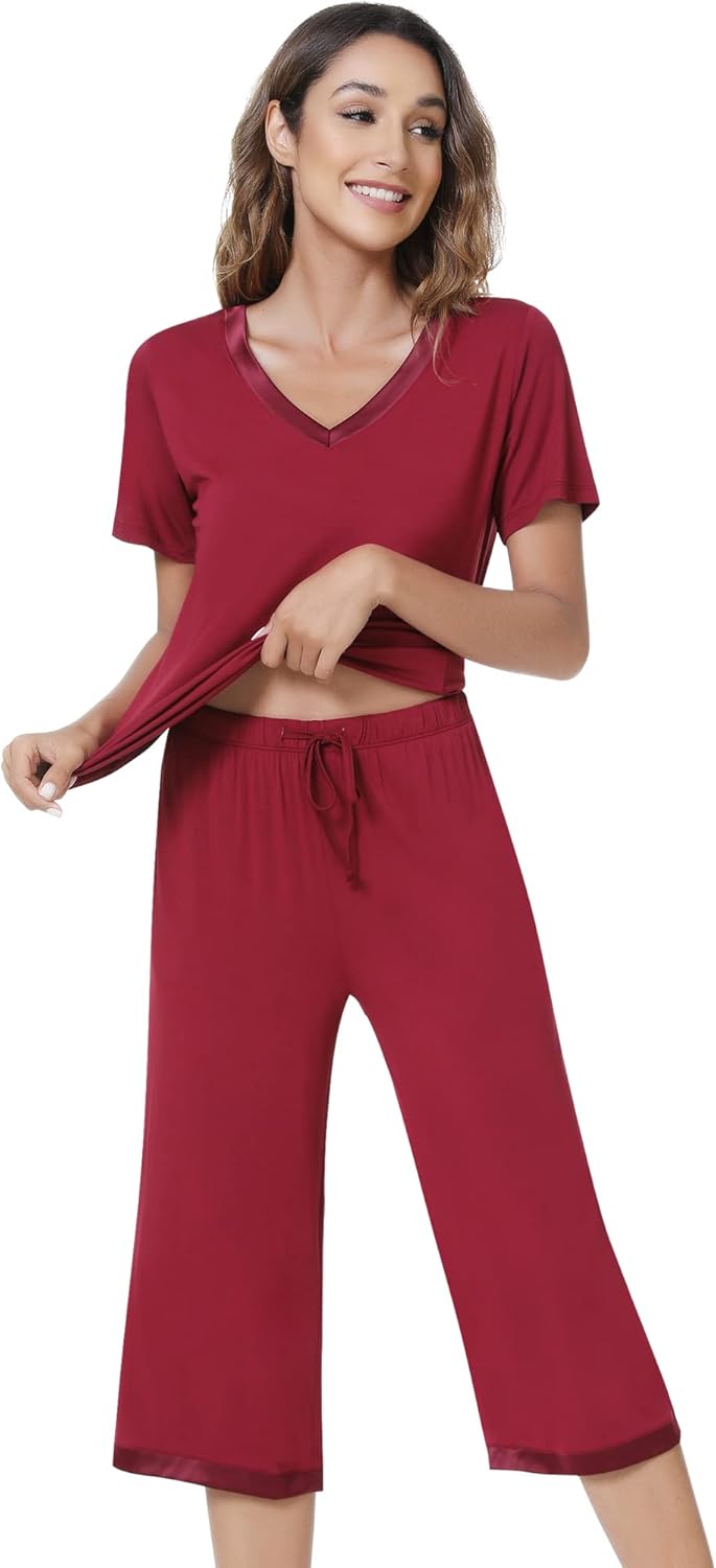 NACHILA Women’s Pajamas-Viscose Made from Bamboo, Short Sleeve Pjs Top with Capri Pajama Sets for Women Cool V Neck Sleepwear