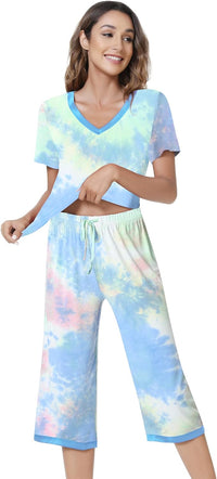 NACHILA Women’s Pajamas-Viscose Made from Bamboo, Short Sleeve Pjs Top with Capri Pajama Sets for Women Cool V Neck Sleepwear