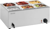 VEVOR Commercial Food Warmer, 1500W Electric Stainless Steel Steam Food Warmer with Lid, 6-Pan Fast Heating Countertop Buffet Bain Marie with Soup & Perforated Ladles, for Catering, Restaurant, Party