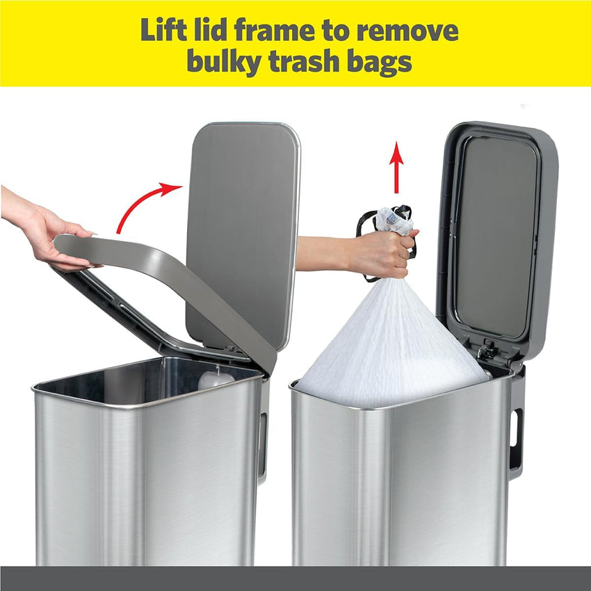 Glad Slim Trash Can with Clorox Odor Protection - Narrow Kitchen Garbage Bin with Soft Close Lid, Step On Foot Pedal and Waste Bag Roll Holder, All Stainless, 45 Liter