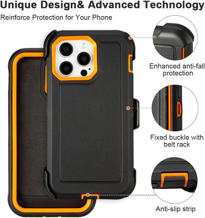 for iPhone 13 Pro Max Case with Clip Belt Holster, Heavy Duty Military Grade Drop Protective Case for iPhone 13 Pro Max 6.7" case (Black+Orange)