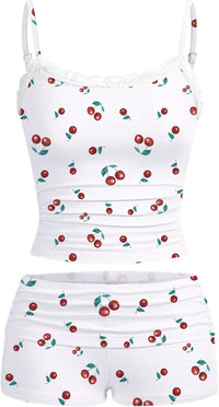 Hilinker Womens Sexy Pajama Set Ruched Lace Trim Cami and Shorts Summer Cute Pjs 2 Piece