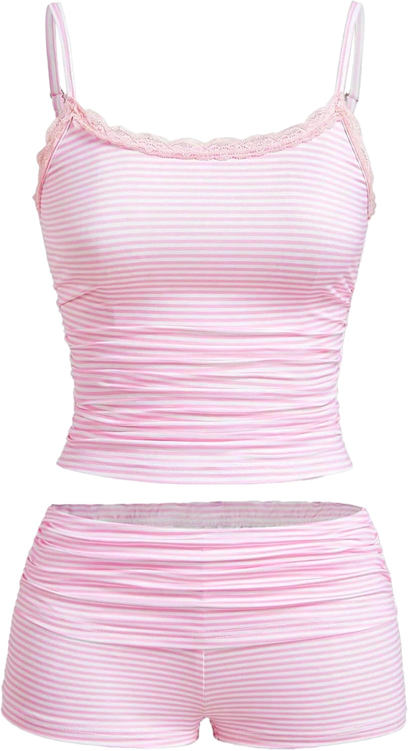 Hilinker Womens Sexy Pajama Set Ruched Lace Trim Cami and Shorts Summer Cute Pjs 2 Piece