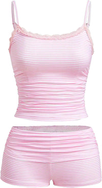 Hilinker Womens Sexy Pajama Set Ruched Lace Trim Cami and Shorts Summer Cute Pjs 2 Piece