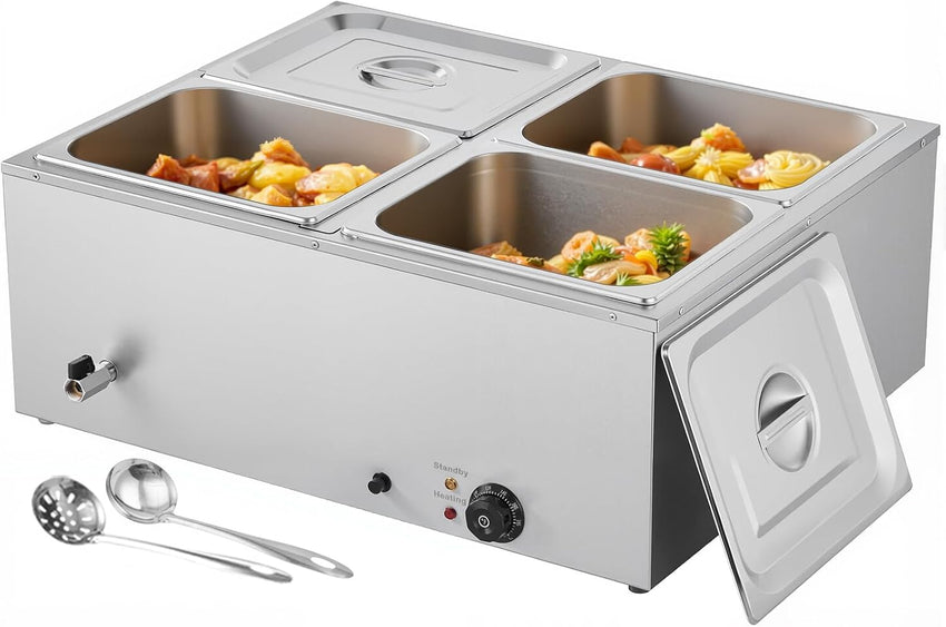VEVOR Commercial Food Warmer, 1500W Electric Stainless Steel Steam Food Warmer with Lid, 6-Pan Fast Heating Countertop Buffet Bain Marie with Soup & Perforated Ladles, for Catering, Restaurant, Party
