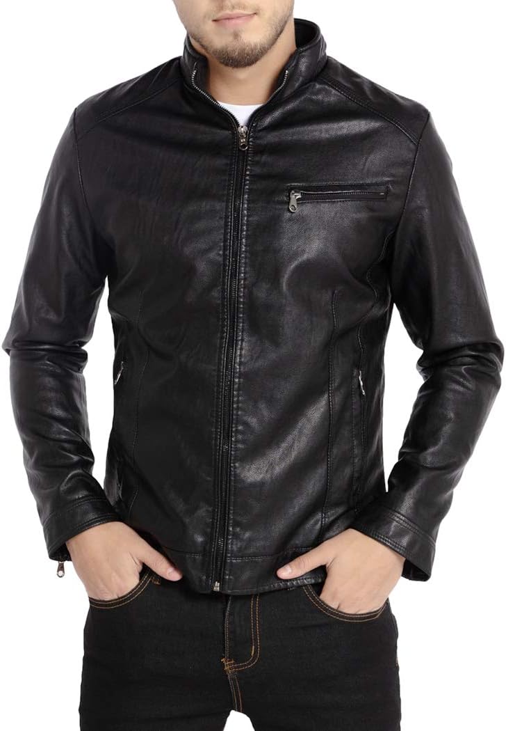 7DAY'S Men's Stand Collar Leather Jacket Motorcycle Lightweight Faux Leather Outwear