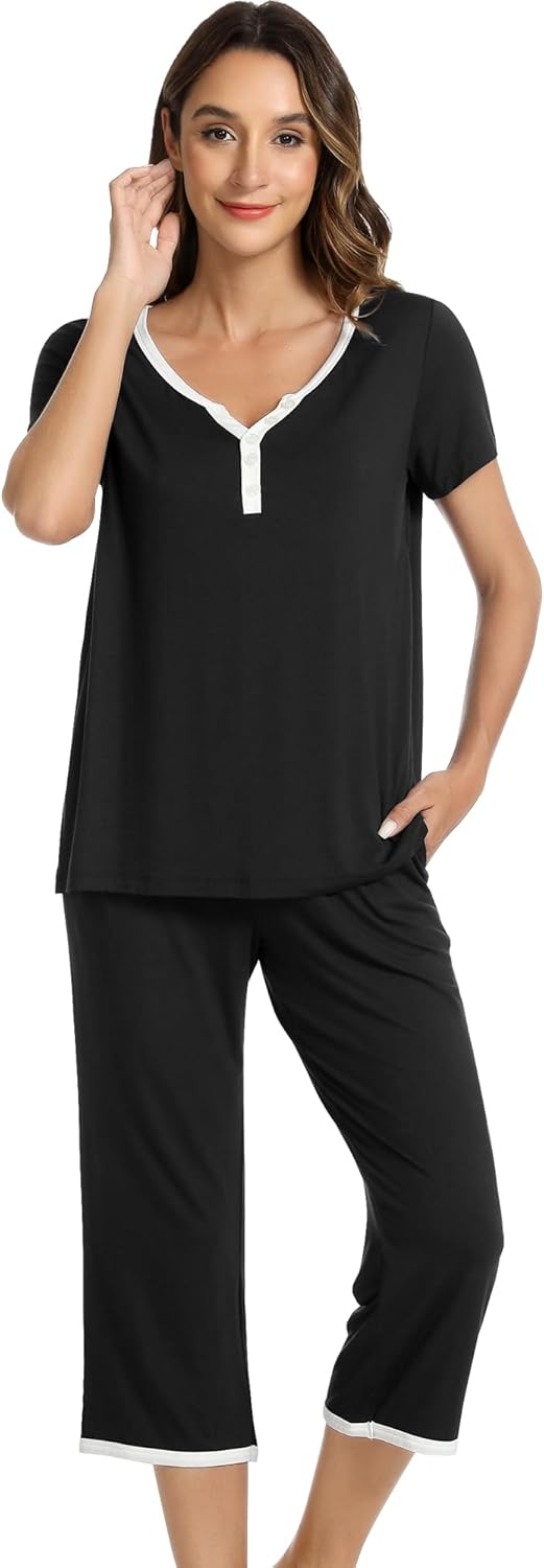 NACHILA Women’s Pajamas-Viscose Made from Bamboo, Short Sleeve Pjs Top with Capri Pajama Sets for Women Cool V Neck Sleepwear