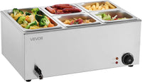 VEVOR Commercial Food Warmer, 1500W Electric Stainless Steel Steam Food Warmer with Lid, 6-Pan Fast Heating Countertop Buffet Bain Marie with Soup & Perforated Ladles, for Catering, Restaurant, Party