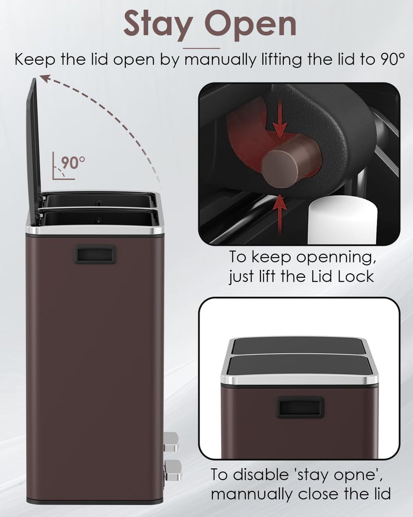 Arlopu 16 GallonStainless Steel Trash Can, 60L Dual Compartment, Metal Kitchen Step Recycle Bin, Metal Double Dustbin, in-Home Garbage Rubbish Can W/Removable Liner Buckets (Brown)