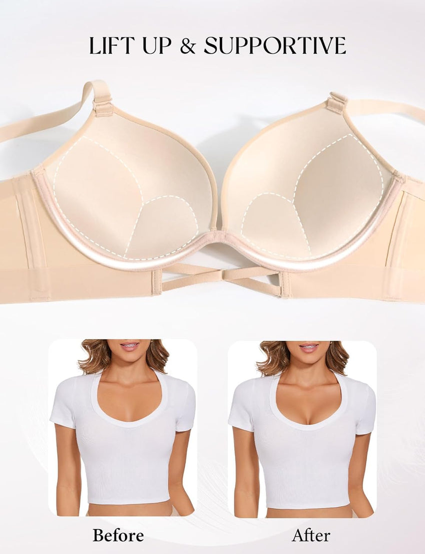 Push Up Padded Bras for Women Add 2 Cups Plunge T Shirt Everyday Bra Seamless Underwire Support