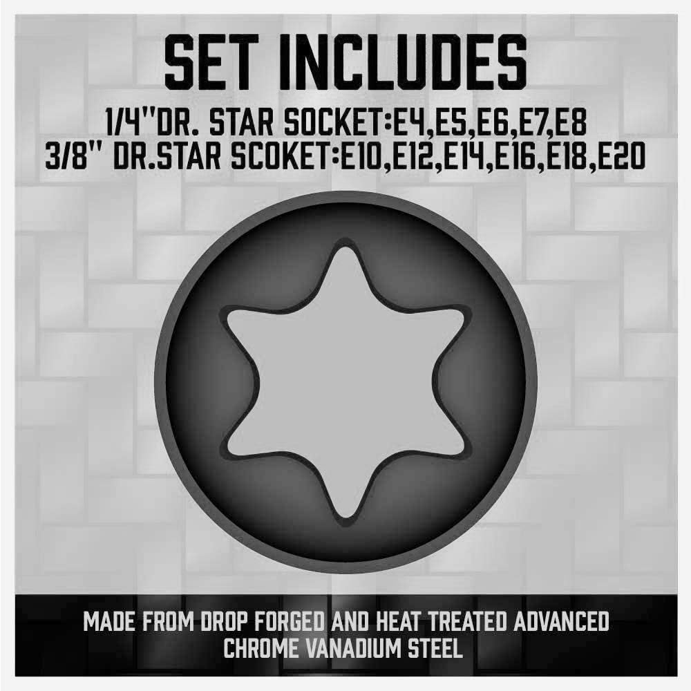SEDY 11-Piece E-Torx Socket Set - Star Sockets Set with Socket Rail, External Torx Socket with Organizer, External Socket-Set, E4 E5 E6 E7 E8 E10 E12 E14 E16 E18 E20 Reverse Sockets Set