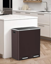 Arlopu 16 GallonStainless Steel Trash Can, 60L Dual Compartment, Metal Kitchen Step Recycle Bin, Metal Double Dustbin, in-Home Garbage Rubbish Can W/Removable Liner Buckets (Brown)