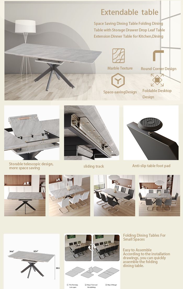 62.4" extendable 78.15" dining Table Set for 6 - 8 Person for Dining Room,C - shaped Tube Soft padded armless dining chair and Very large Dining Room Table Kitchen Table Chair Set with metal Legs - 7DAY'S