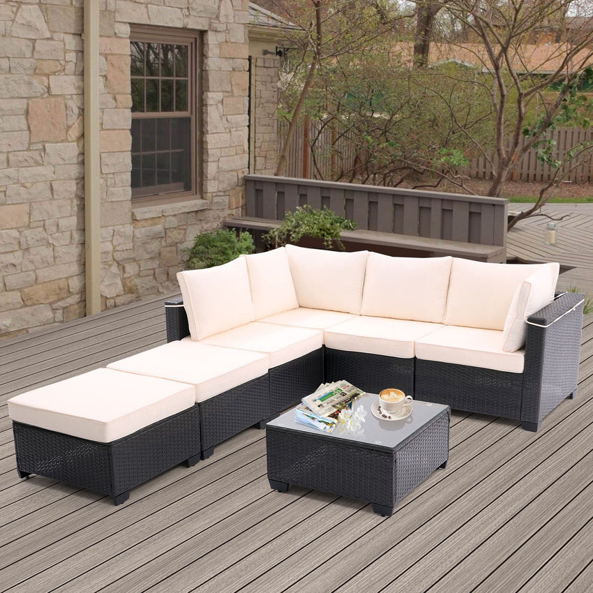 7 Pieces Outdoor Patio Furniture Set,Sectional Conversation Sofa Of Corner Chairs,Ottomans And Glass Top Table,All Weather PE Rattan and Steel Frame With Removable Cushions - 7DAY'S