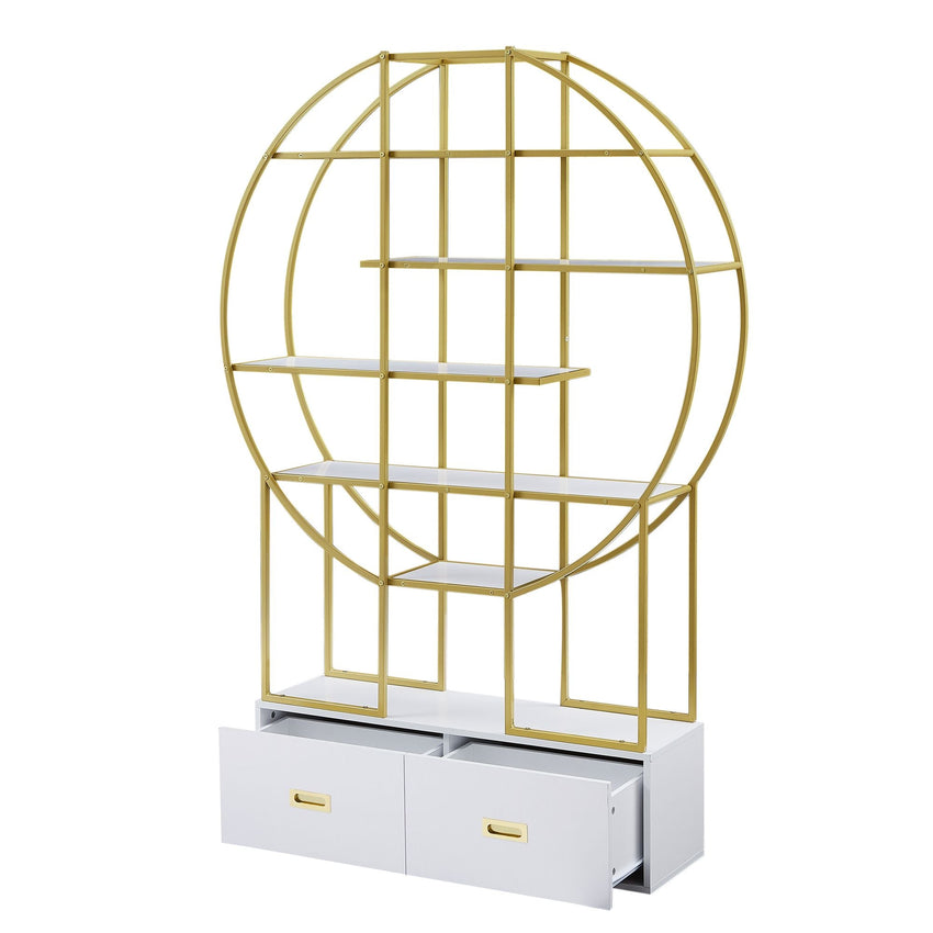 70.8 Inch Round Office Bookcase Bookshelf, Display Shelf, Two Drawers, Gold Frame - 7DAY'S