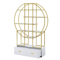 70.8 Inch Round Office Bookcase Bookshelf, Display Shelf, Two Drawers, Gold Frame - 7DAY'S