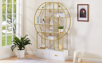 70.8 Inch Round Office Bookcase Bookshelf, Display Shelf, Two Drawers, Gold Frame - 7DAY'S