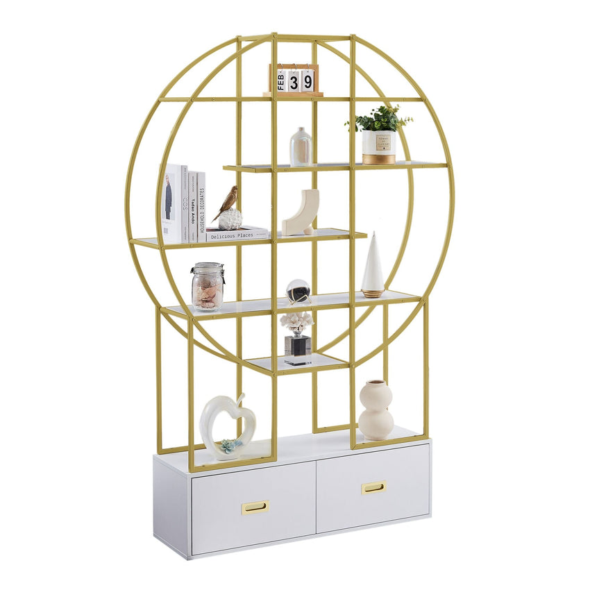 70.8 Inch Round Office Bookcase Bookshelf, Display Shelf, Two Drawers, Gold Frame - 7DAY'S