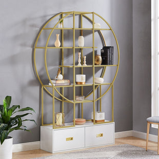 70.8 Inch Round Office Bookcase Bookshelf, Display Shelf, Two Drawers, Gold Frame - 7DAY'S