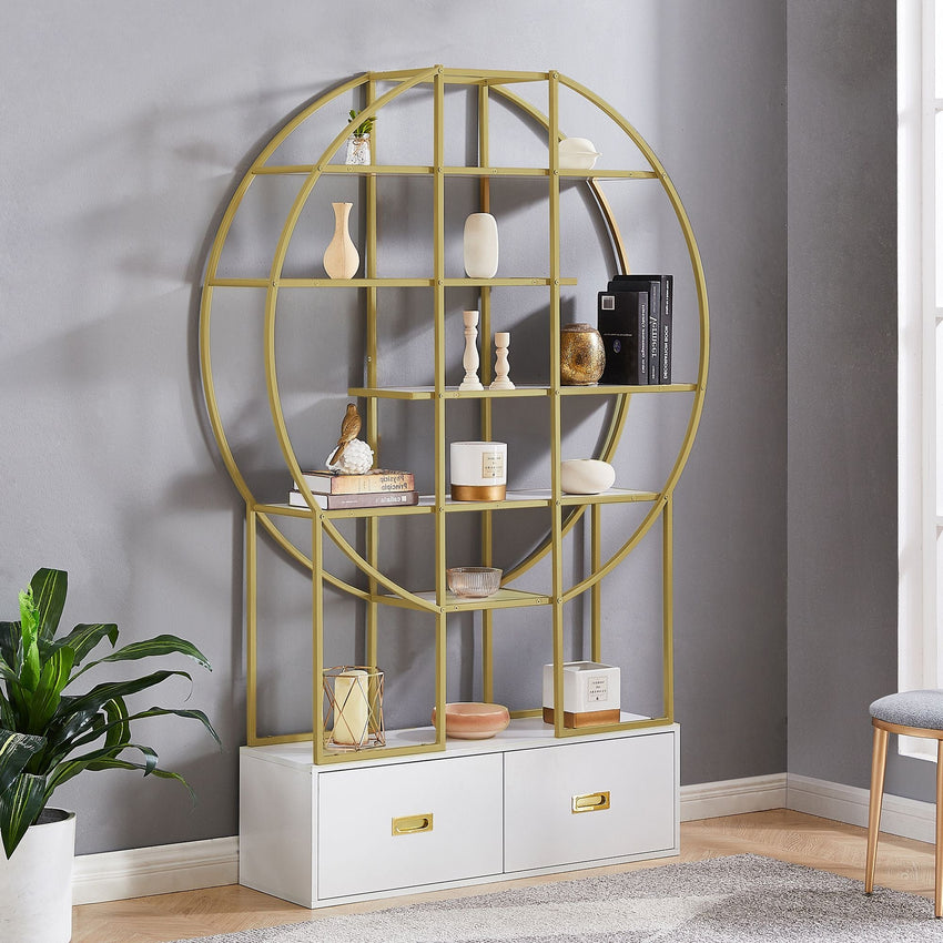70.8 Inch Round Office Bookcase Bookshelf, Display Shelf, Two Drawers, Gold Frame - 7DAY'S