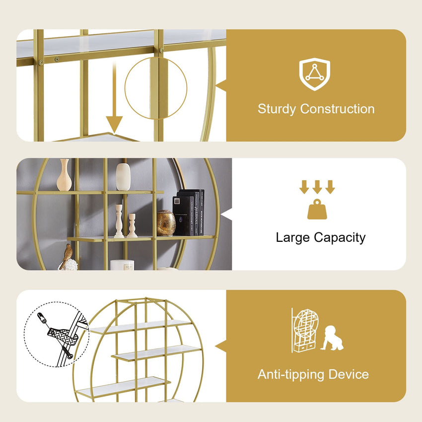 70.8 Inch Round Office Bookcase Bookshelf, Display Shelf, Two Drawers, Gold Frame - 7DAY'S