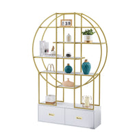70.8 Inch Round Office Bookcase Bookshelf, Display Shelf, Two Drawers, Gold Frame - 7DAY'S