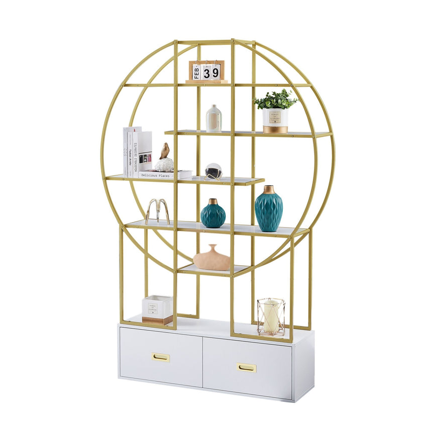 70.8 Inch Round Office Bookcase Bookshelf, Display Shelf, Two Drawers, Gold Frame - 7DAY'S